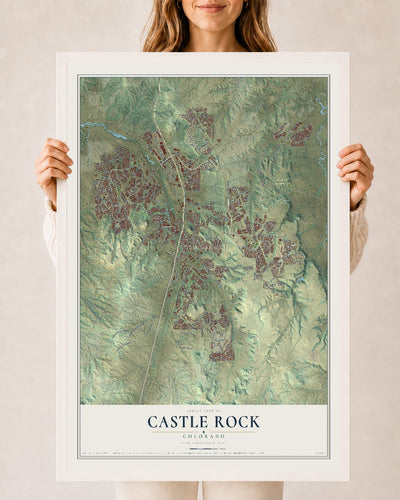 Map of Castle Rock, Colorado, 24 x 36 inch print in a white wood frame