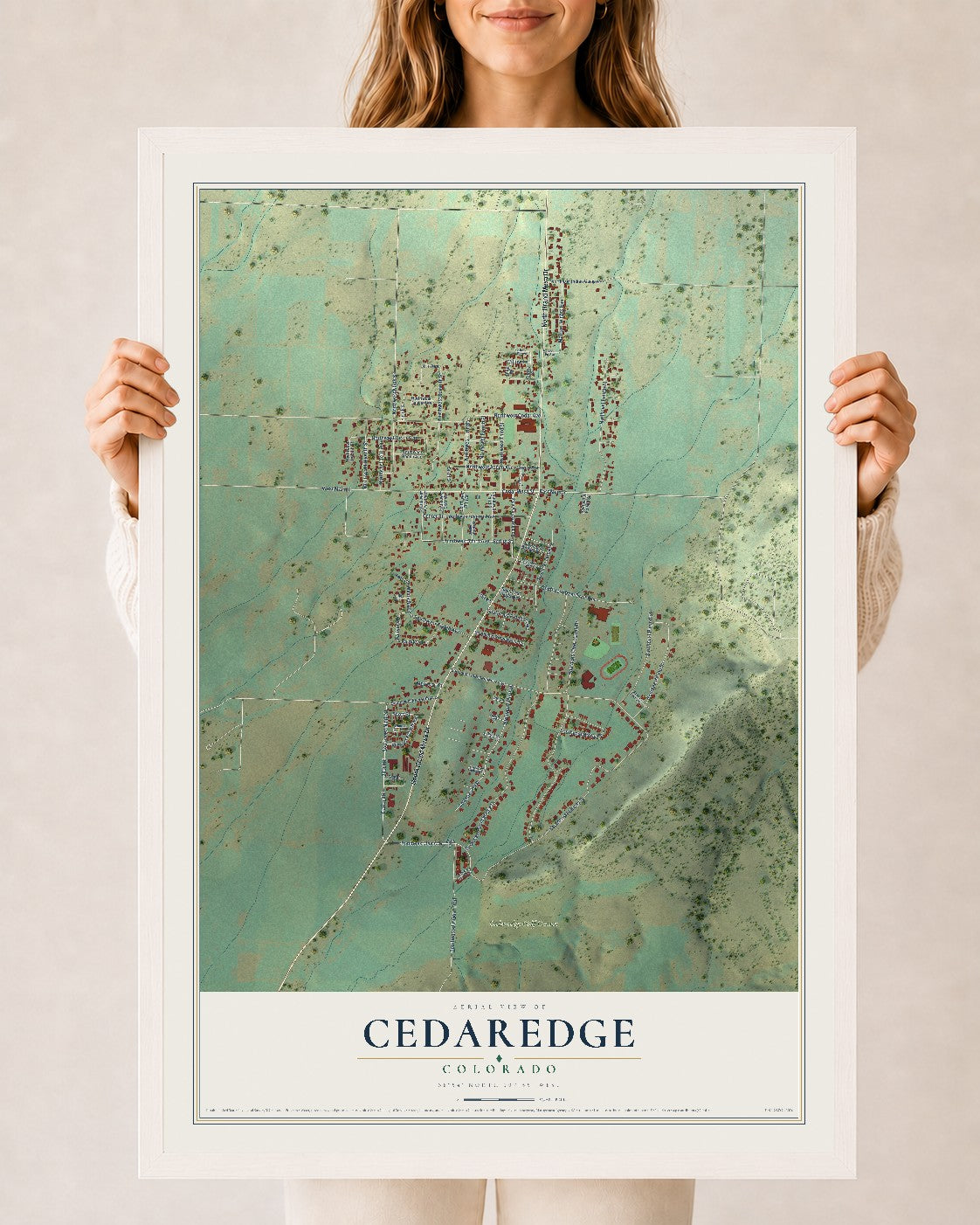 Map of Cedaredge, Colorado, 24 x 36 inch print in a white wood frame