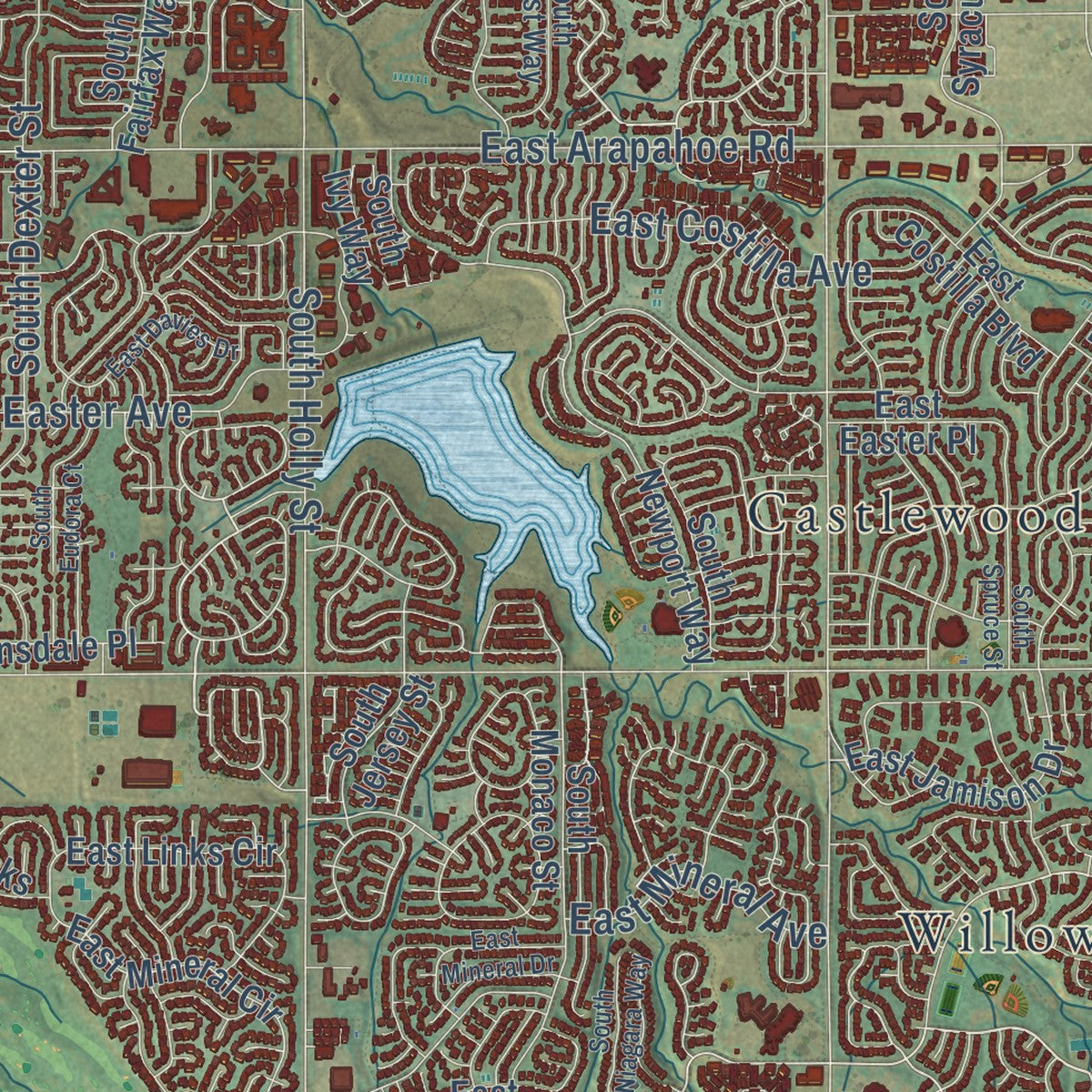 Close-up of the map of Centennial, Colorado print showing street and building detail