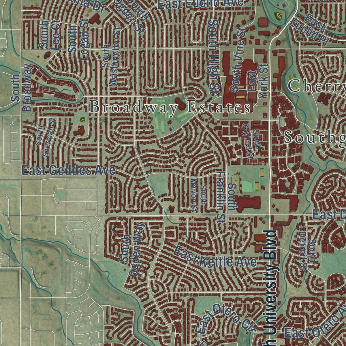 Second close-up of the map of Centennial, Colorado print showing more streets and buildings