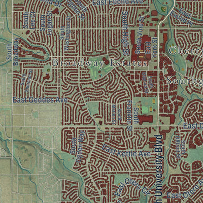 Second close-up of the map of Centennial, Colorado print showing more streets and buildings