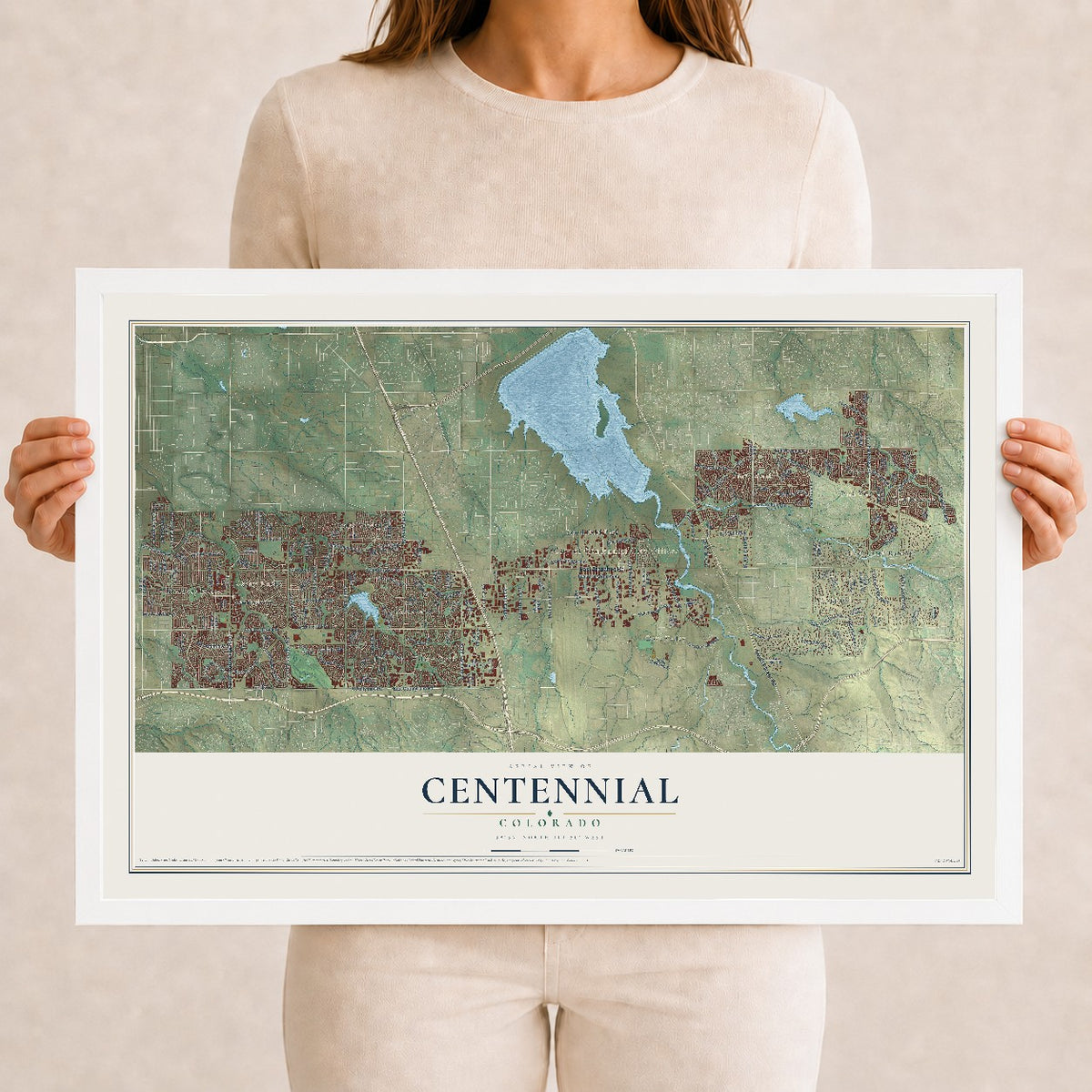 Map of Centennial, Colorado, 12 x 18 inch print in a white wood frame