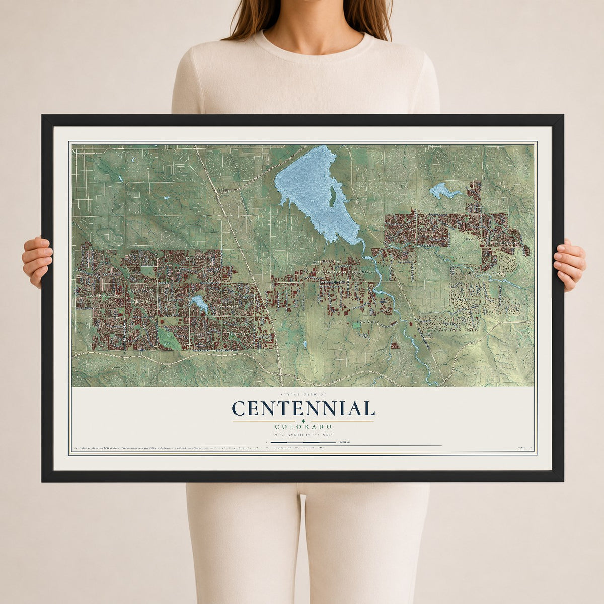 Map of Centennial, Colorado, 24 x 36 inch print in a black wood frame