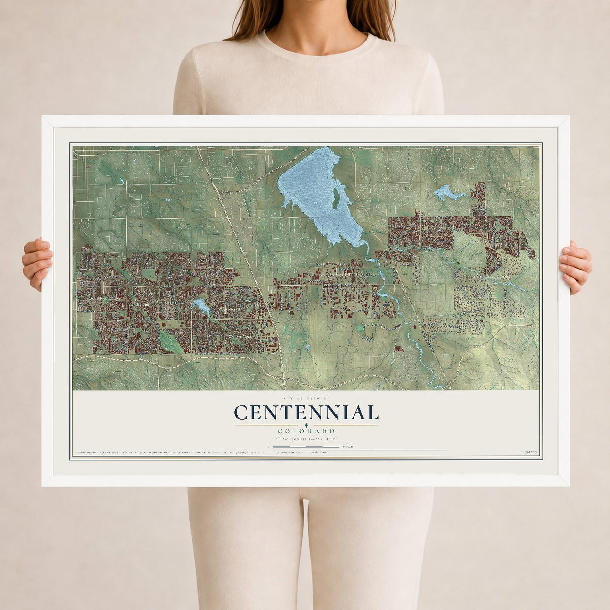 Map of Centennial, Colorado, 24 x 36 inch print in a white wood frame