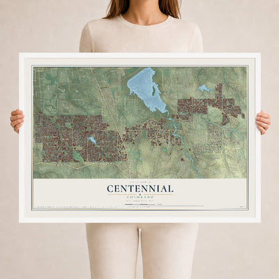 Map of Centennial, Colorado, 24 x 36 inch print in a white wood frame