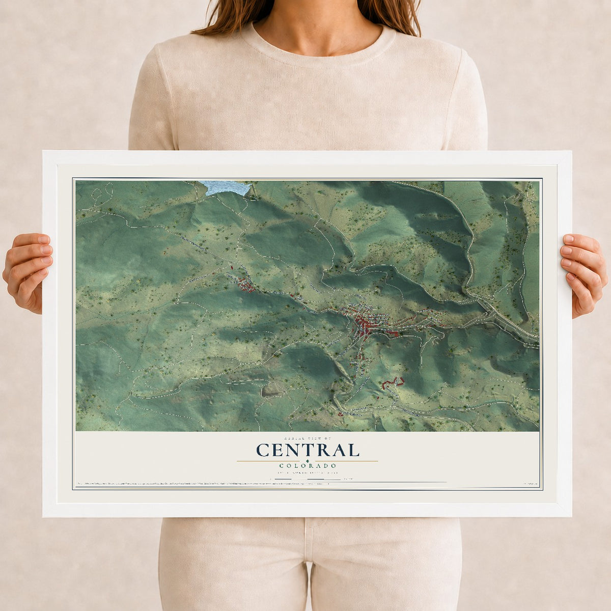 Map of Central, Colorado, 12 x 18 inch print in a white wood frame