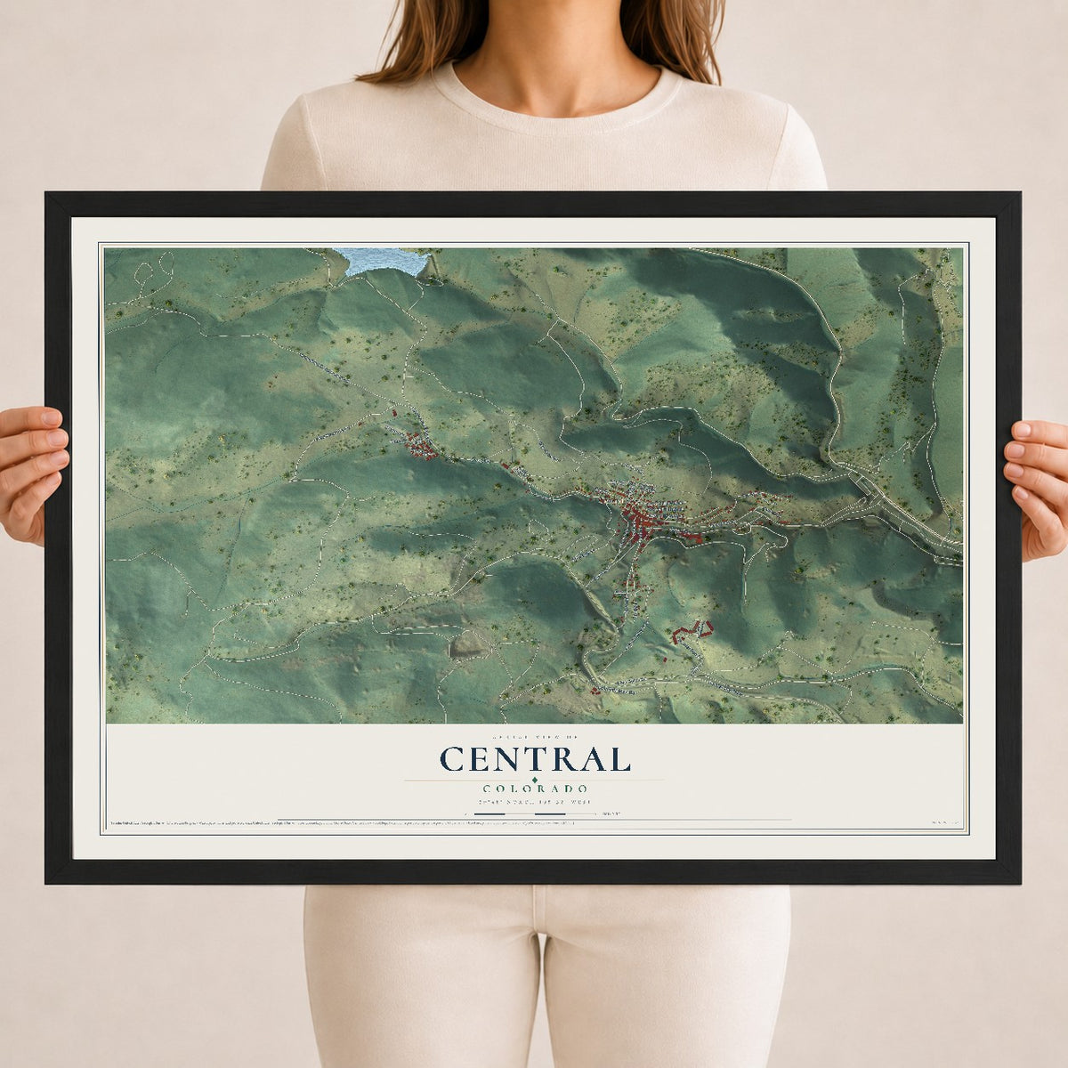 Map of Central, Colorado, 18 x 24 inch print in a black wood frame