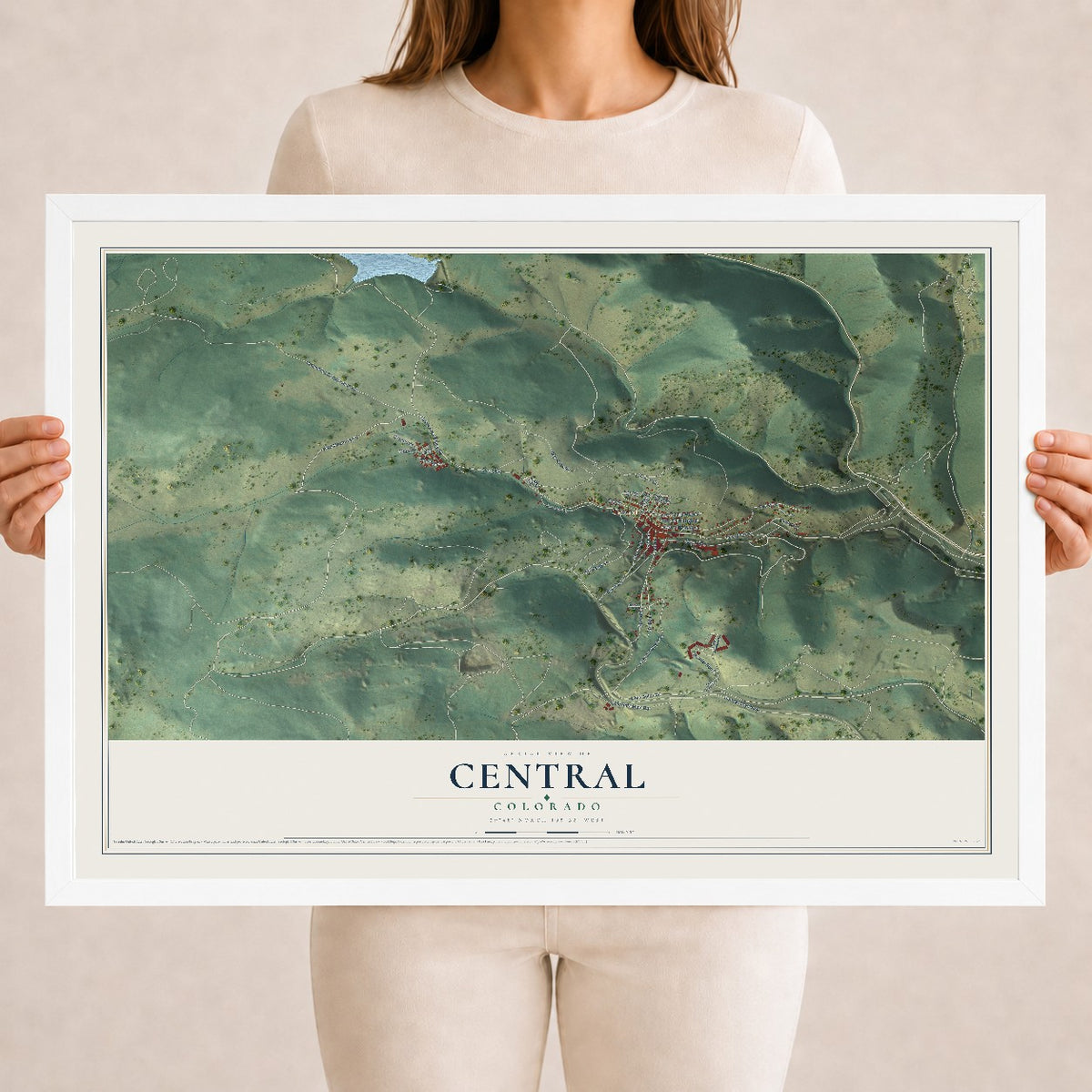 Map of Central, Colorado, 18 x 24 inch print in a white wood frame