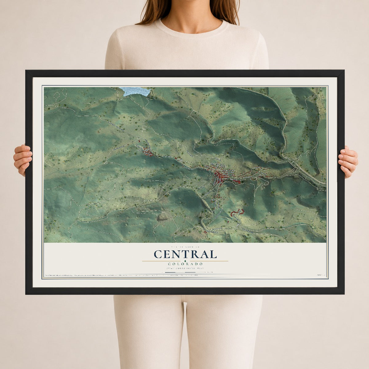 Map of Central, Colorado, 24 x 36 inch print in a black wood frame