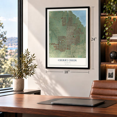 Cherry Creek, Colorado map, 18 x 24 inch print in a black frame in a home office