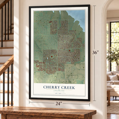 Cherry Creek, Colorado map, 24 x 36 inch print in a black frame by a staircase