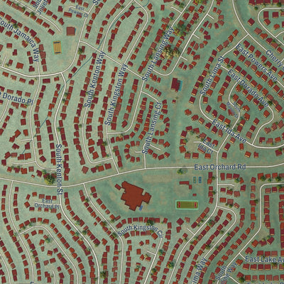 Close-up of the map of Cherry Creek, Colorado print showing street and building detail