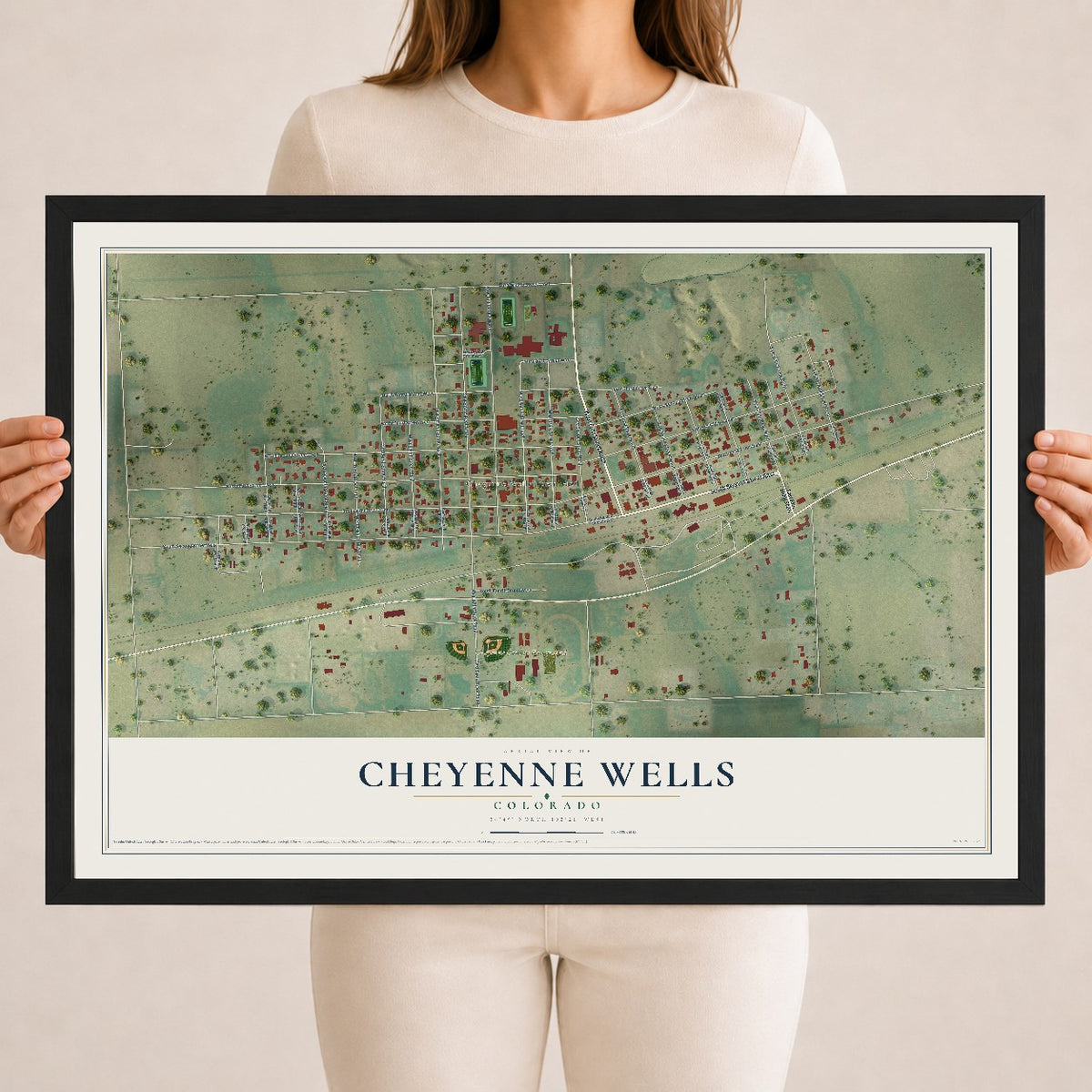 Map of Cheyenne Wells, Colorado, 18 x 24 inch print in a black wood frame