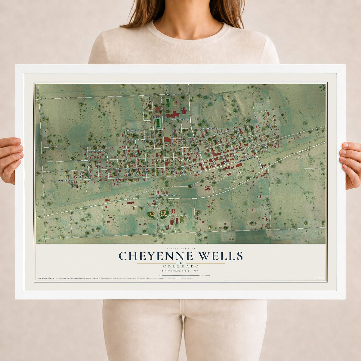 Map of Cheyenne Wells, Colorado, 18 x 24 inch print in a white wood frame