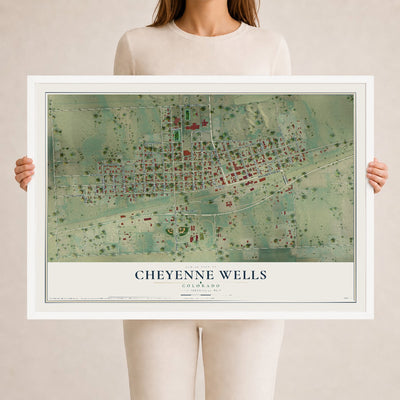 Map of Cheyenne Wells, Colorado, 24 x 36 inch print in a white wood frame