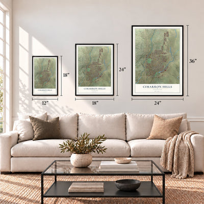 Cimarron Hills, Colorado map in 12 x 18, 18 x 24 and 24 x 36 inch sizes above a sofa