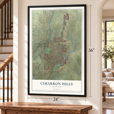 Cimarron Hills, Colorado map, 24 x 36 inch print in a black frame by a staircase