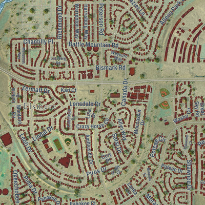 Close-up of the map of Cimarron Hills, Colorado print showing street and building detail