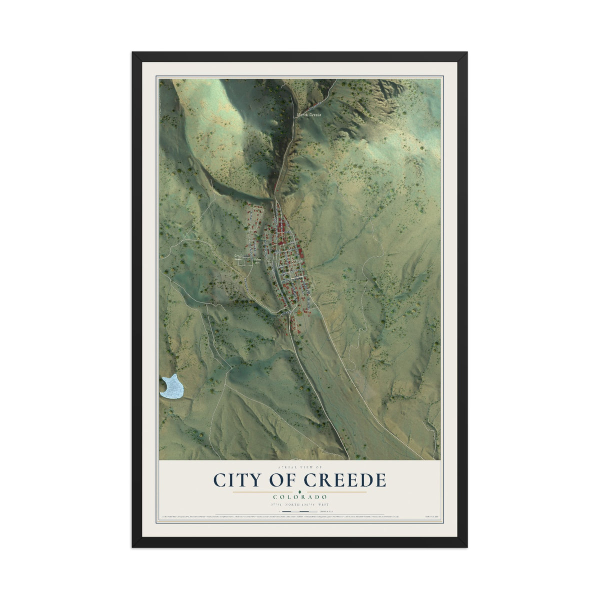 Map of the City of Creede, Colorado, 12 x 18 inch print in a black wood frame