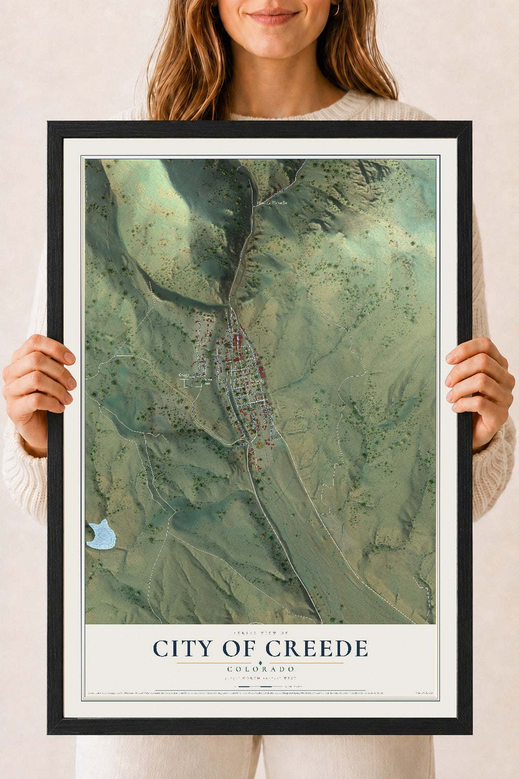 Map of the City of Creede, Colorado, 18 x 24 inch print in a black wood frame