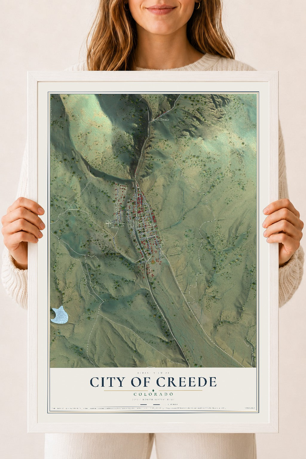 Map of the City of Creede, Colorado, 18 x 24 inch print in a white wood frame