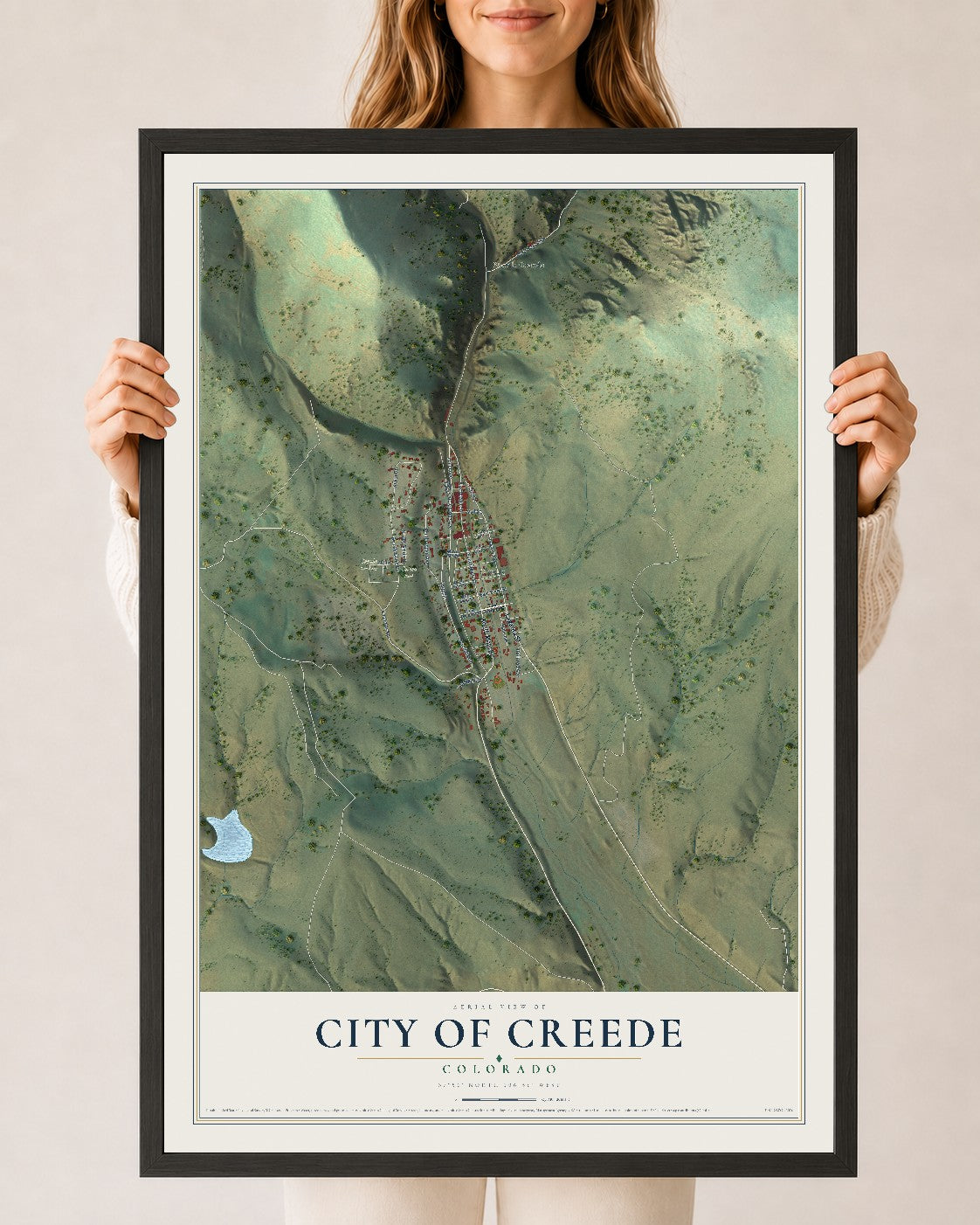 Map of the City of Creede, Colorado, 24 x 36 inch print in a black wood frame