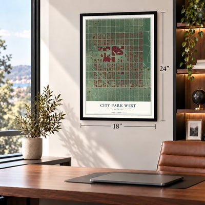 City Park West, Colorado map, 18 x 24 inch print in a black frame in a home office