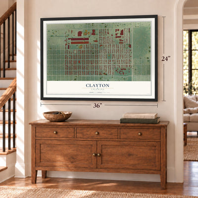 Clayton, Colorado map, 24 x 36 inch print in a black frame above a dresser by a staircase