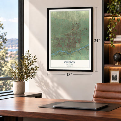 Clifton, Colorado map, 18 x 24 inch print in a black frame in a home office