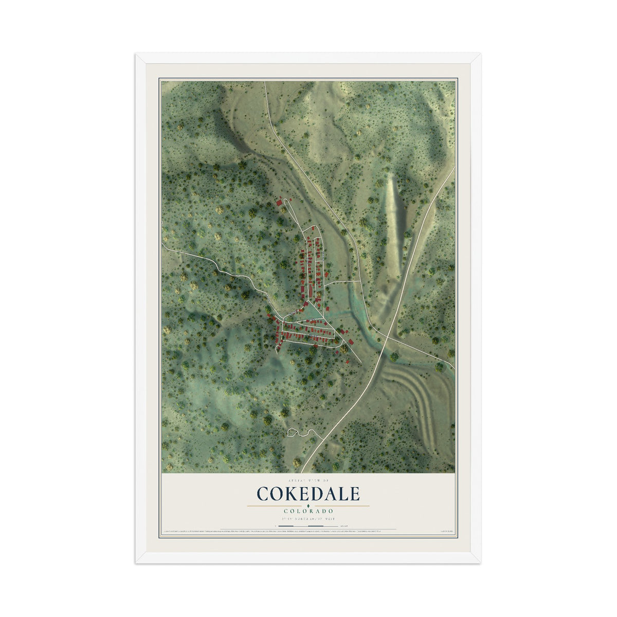 Map of Cokedale, Colorado, 12 x 18 inch print in a white wood frame