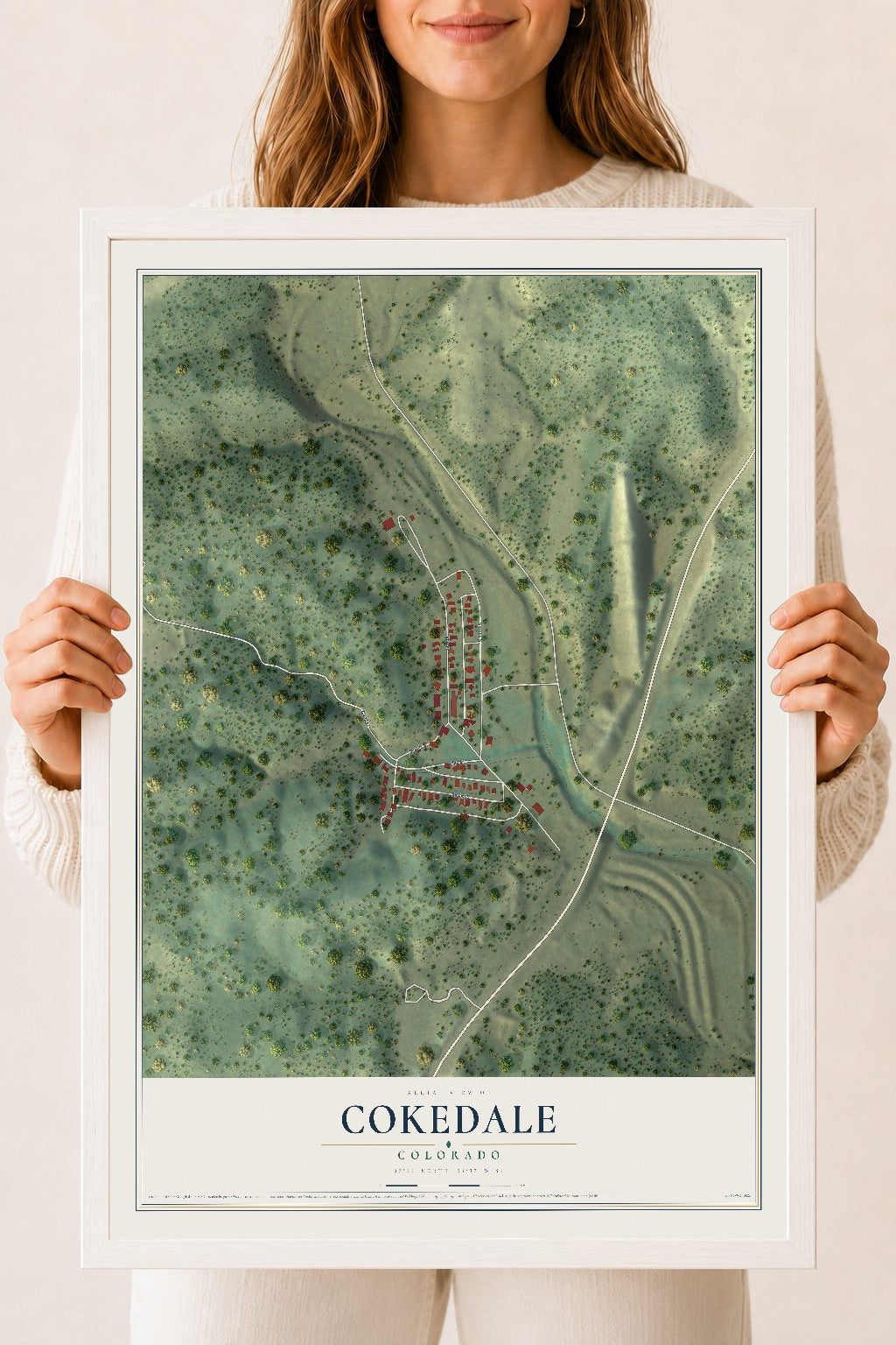 Map of Cokedale, Colorado, 18 x 24 inch print in a white wood frame