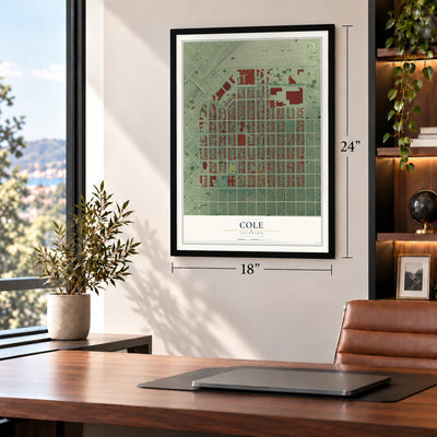 Cole, Colorado map, 18 x 24 inch print in a black frame in a home office
