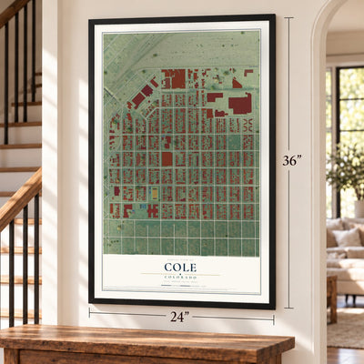 Cole, Colorado map, 24 x 36 inch print in a black frame by a staircase