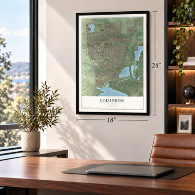 Columbine, Colorado map, 18 x 24 inch print in a black frame in a home office