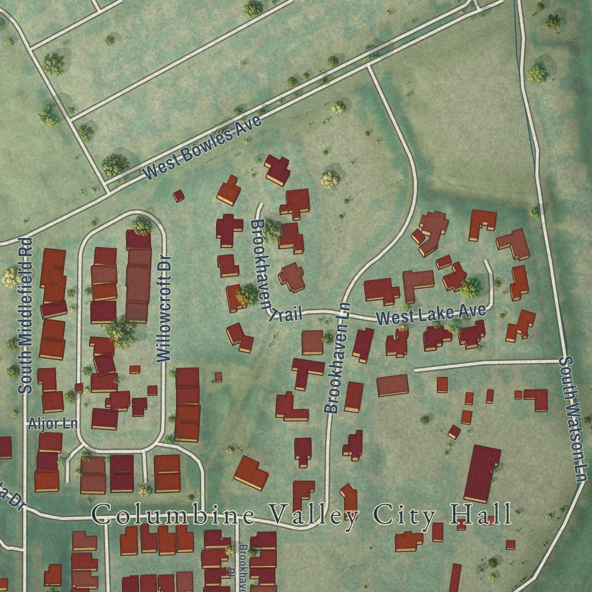 Close-up of the map of Columbine Valley, Colorado print showing street and building detail