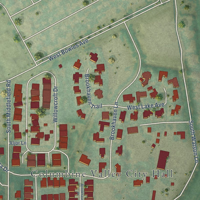 Close-up of the map of Columbine Valley, Colorado print showing street and building detail