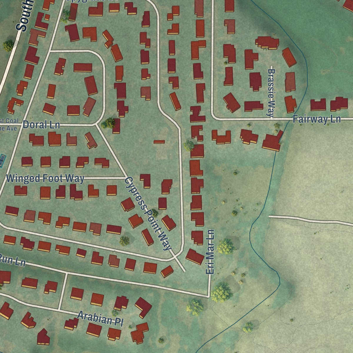 Second close-up of the map of Columbine Valley, Colorado print showing more streets and buildings