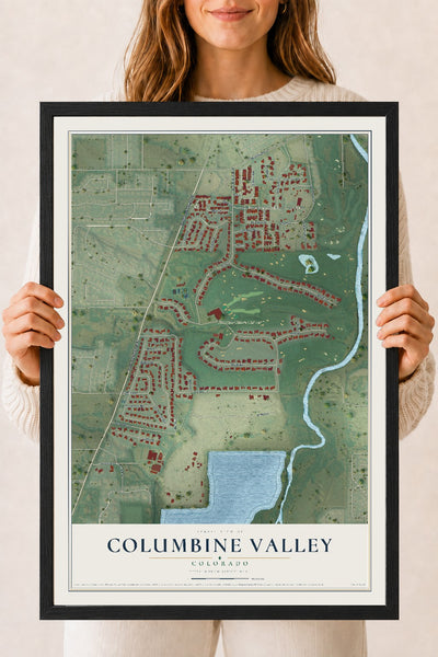 Map of Columbine Valley, Colorado, 18 x 24 inch print in a black wood frame