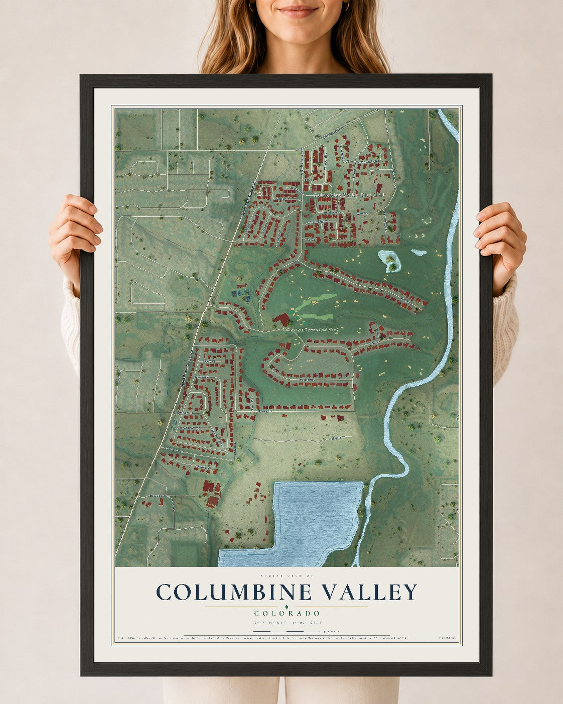 Map of Columbine Valley, Colorado, 24 x 36 inch print in a black wood frame