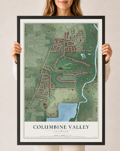 Map of Columbine Valley, Colorado, 24 x 36 inch print in a black wood frame