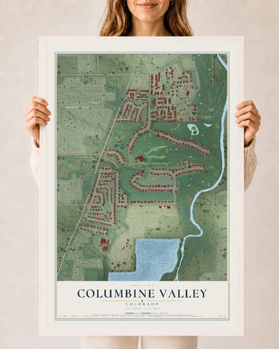 Map of Columbine Valley, Colorado, 24 x 36 inch print in a white wood frame