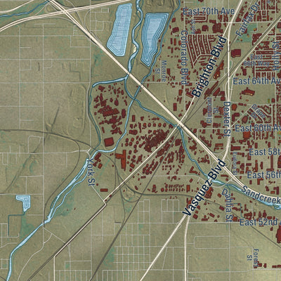 Close-up of the map of Commerce City, Colorado print showing street and building detail