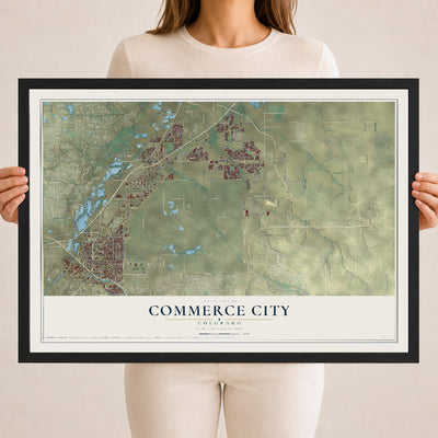 Map of Commerce City, Colorado, 18 x 24 inch print in a black wood frame