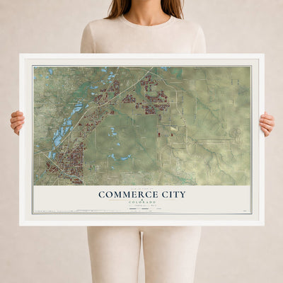 Map of Commerce City, Colorado, 24 x 36 inch print in a white wood frame