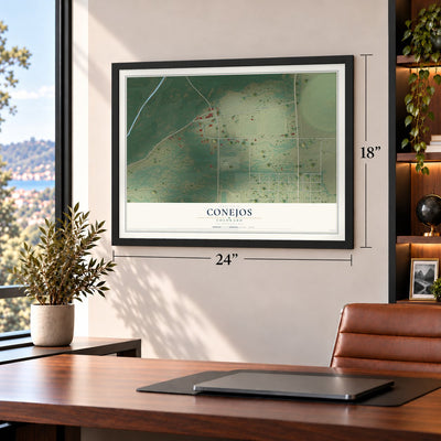 Conejos, Colorado map, 18 x 24 inch print in a black frame in a home office
