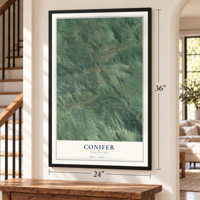Conifer, Colorado map, 24 x 36 inch print in a black frame by a staircase
