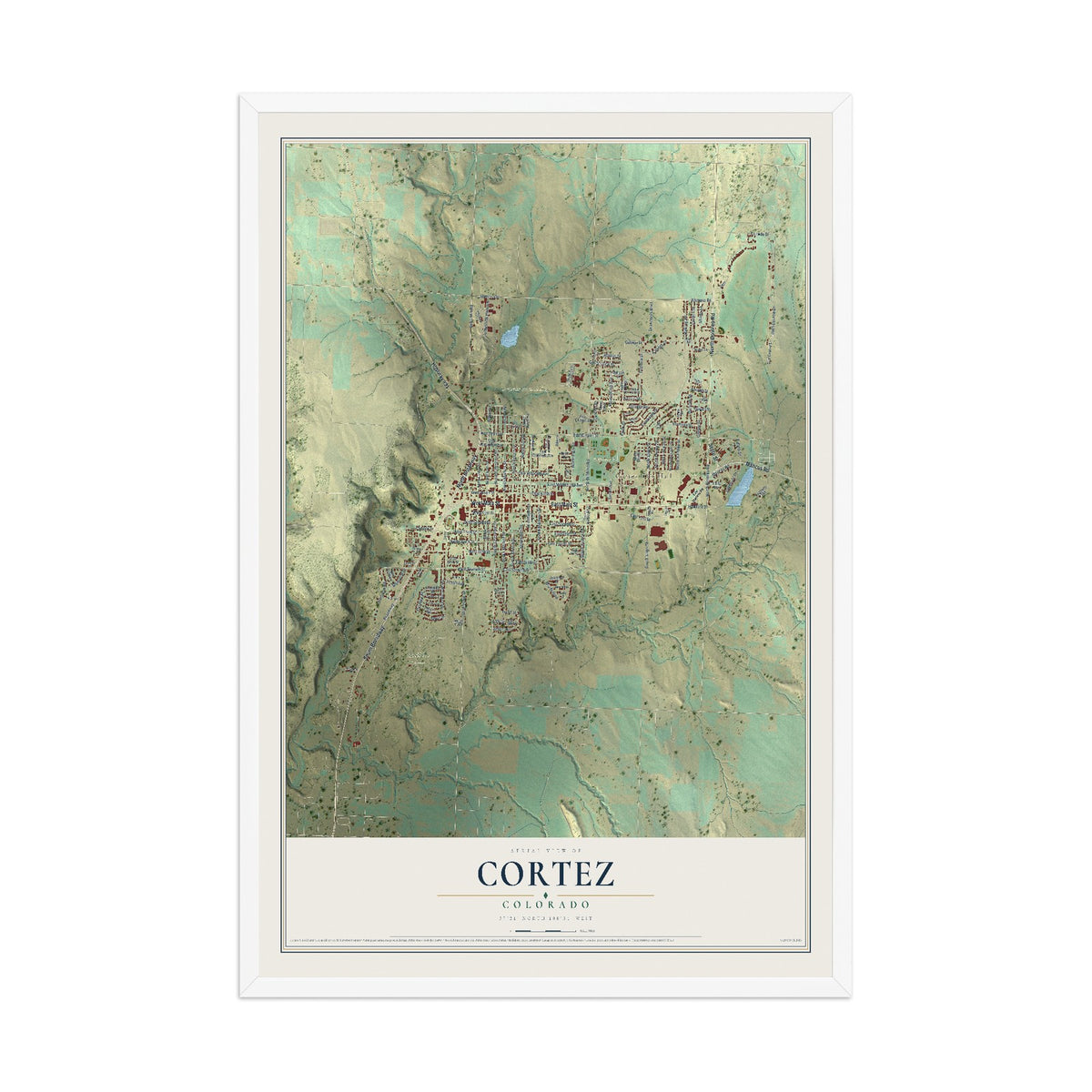 Map of Cortez, Colorado, 12 x 18 inch print in a white wood frame