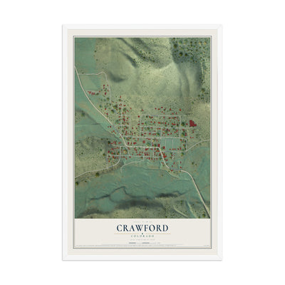 Map of Crawford, Colorado, 12 x 18 inch print in a white wood frame