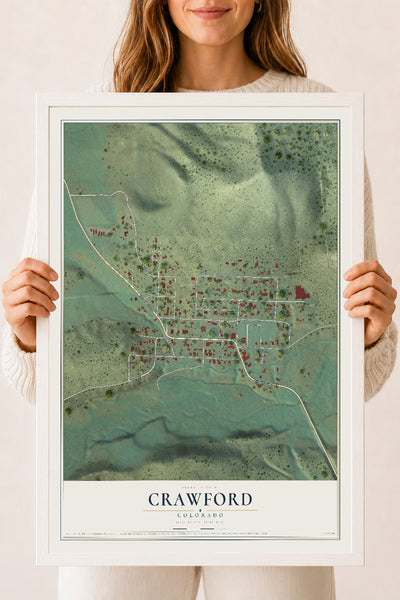 Map of Crawford, Colorado, 18 x 24 inch print in a white wood frame