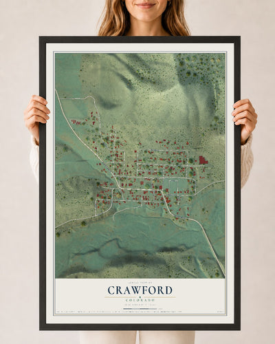 Map of Crawford, Colorado, 24 x 36 inch print in a black wood frame